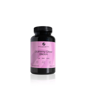 Essens Gummy Glow Biotin supplement bottle with 60 raspberry flavoured gummies for skin and hair.