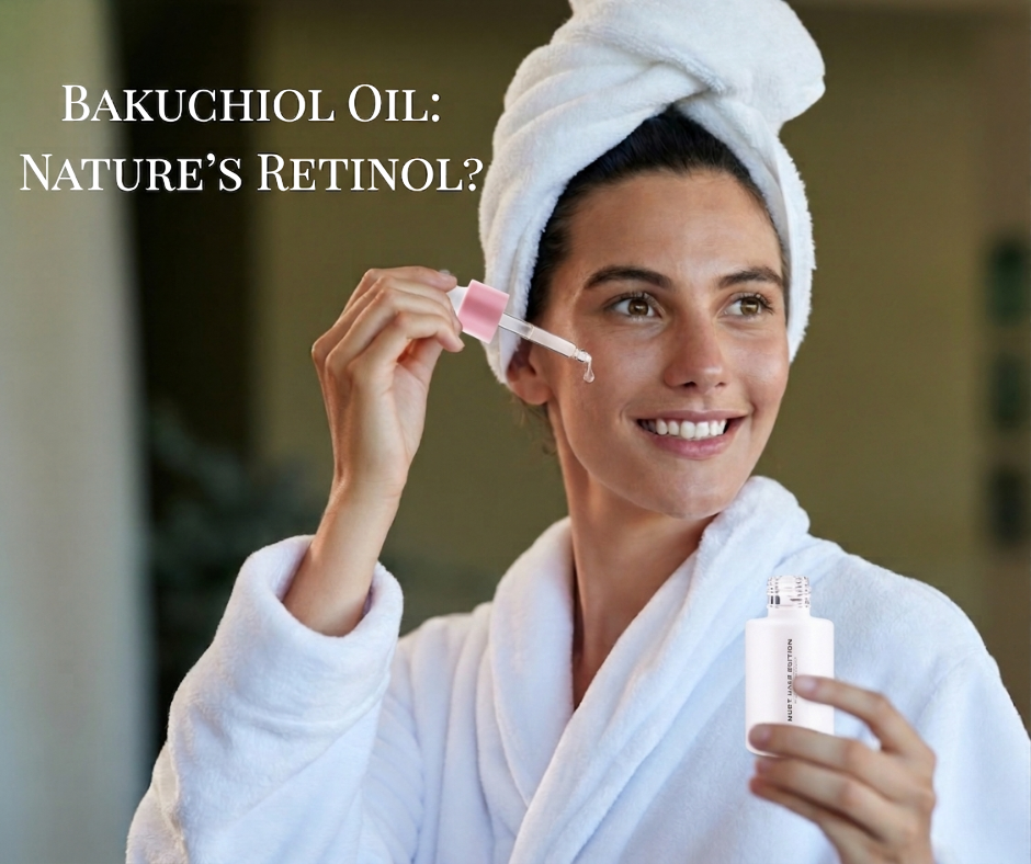 A woman with a white head towel and robe using a pipette to apply Essens Bakuchiol Oil Serum to her face. The image features the white "Must Have Edition" bottle and pink dropper, with the text "Bakuchiol Oil: Nature’s Retinol?" overlaid on a soft spa-like background.