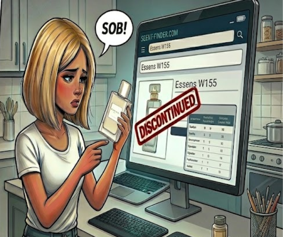 A sad customer holding an empty bottle of Essens W155 perfume while looking at a computer screen that reads "Discontinued". A perfect visual perfume finder guide for tracking down hard-to-find and archived fragrances.
